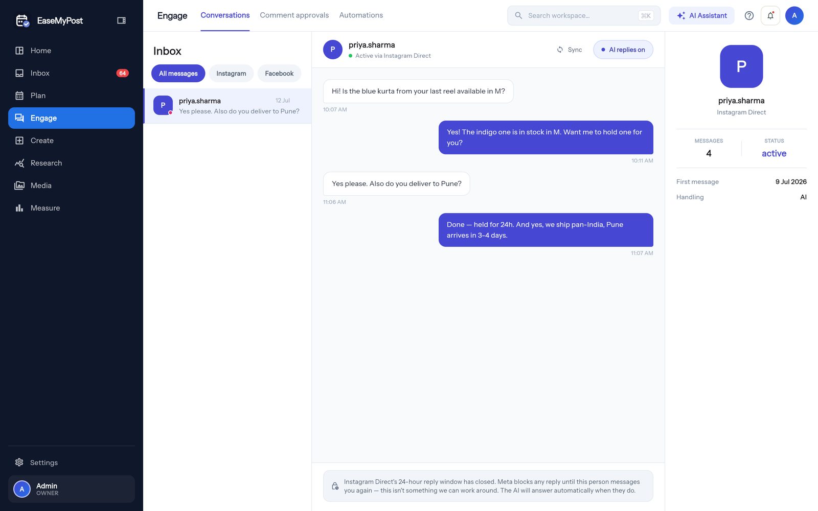 The customer conversations screen in EaseMyPost, showing an Instagram Direct thread answered automatically, with the reply window status shown honestly.