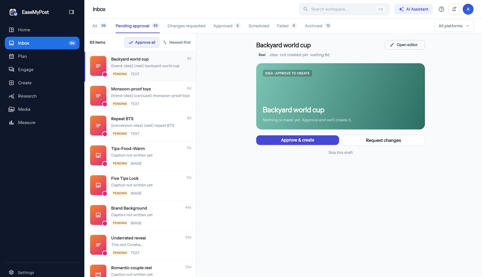 The EaseMyPost approval queue: a list of drafted post ideas on the left, the selected idea open on the right with Approve and create, Request changes and Skip this draft buttons.