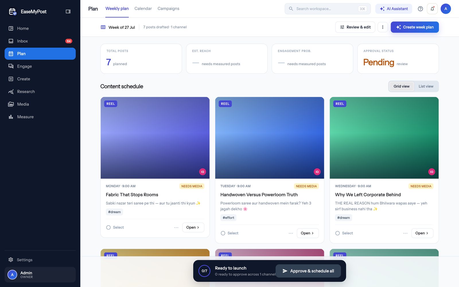 The weekly plan screen in EaseMyPost, showing seven drafted posts for the week with day, time, caption and format for each.
